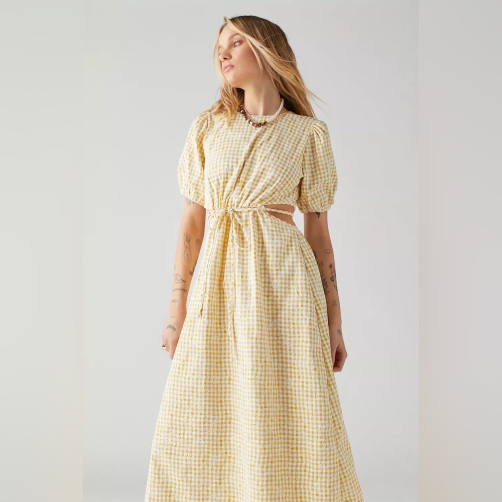 En Saison Kanika Yellow and White Gingham Embroidered Midi Dress